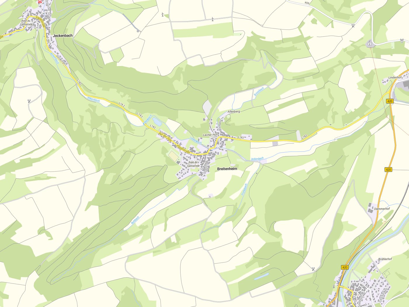Kartenausschnitt Breitenheim mit Gewässern