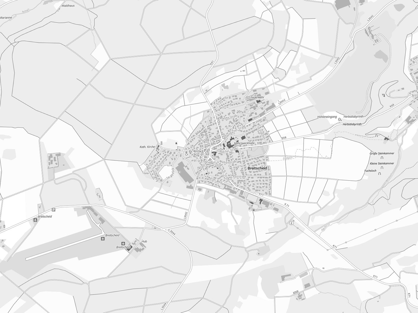 Kartenausschnitt Breitscheid mit Gewässern