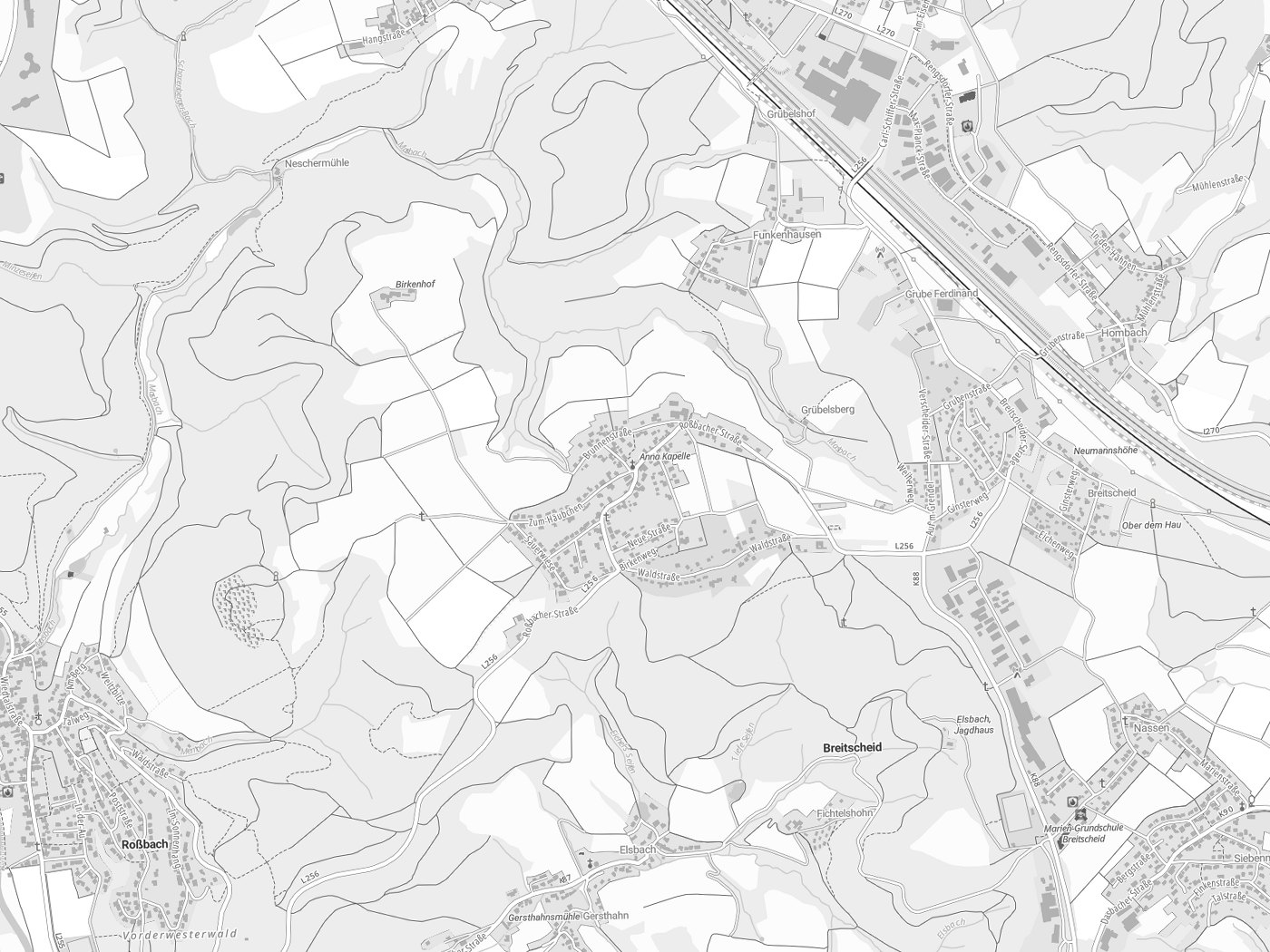 Kartenausschnitt Breitscheid mit Gewässern