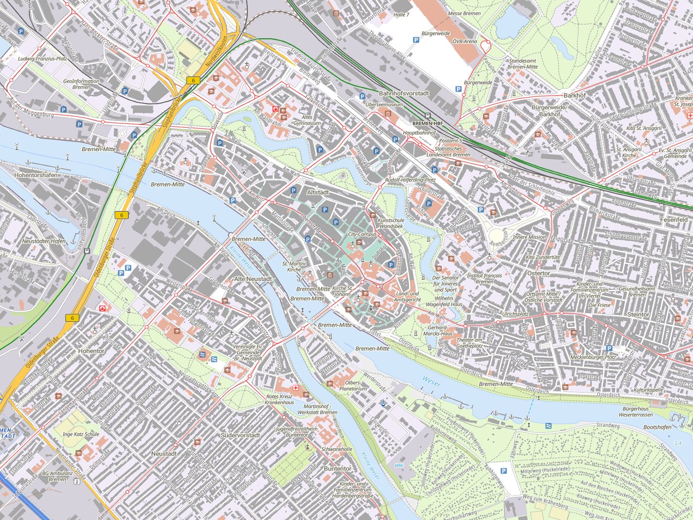 Kartenausschnitt Bremen mit Gewässern