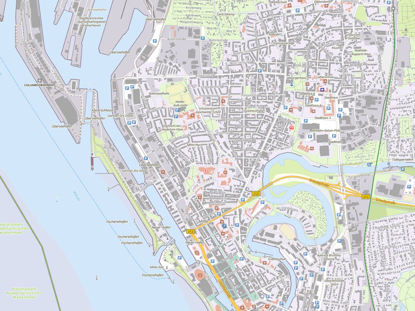 Kartenausschnitt Bremerhaven mit Gewässern