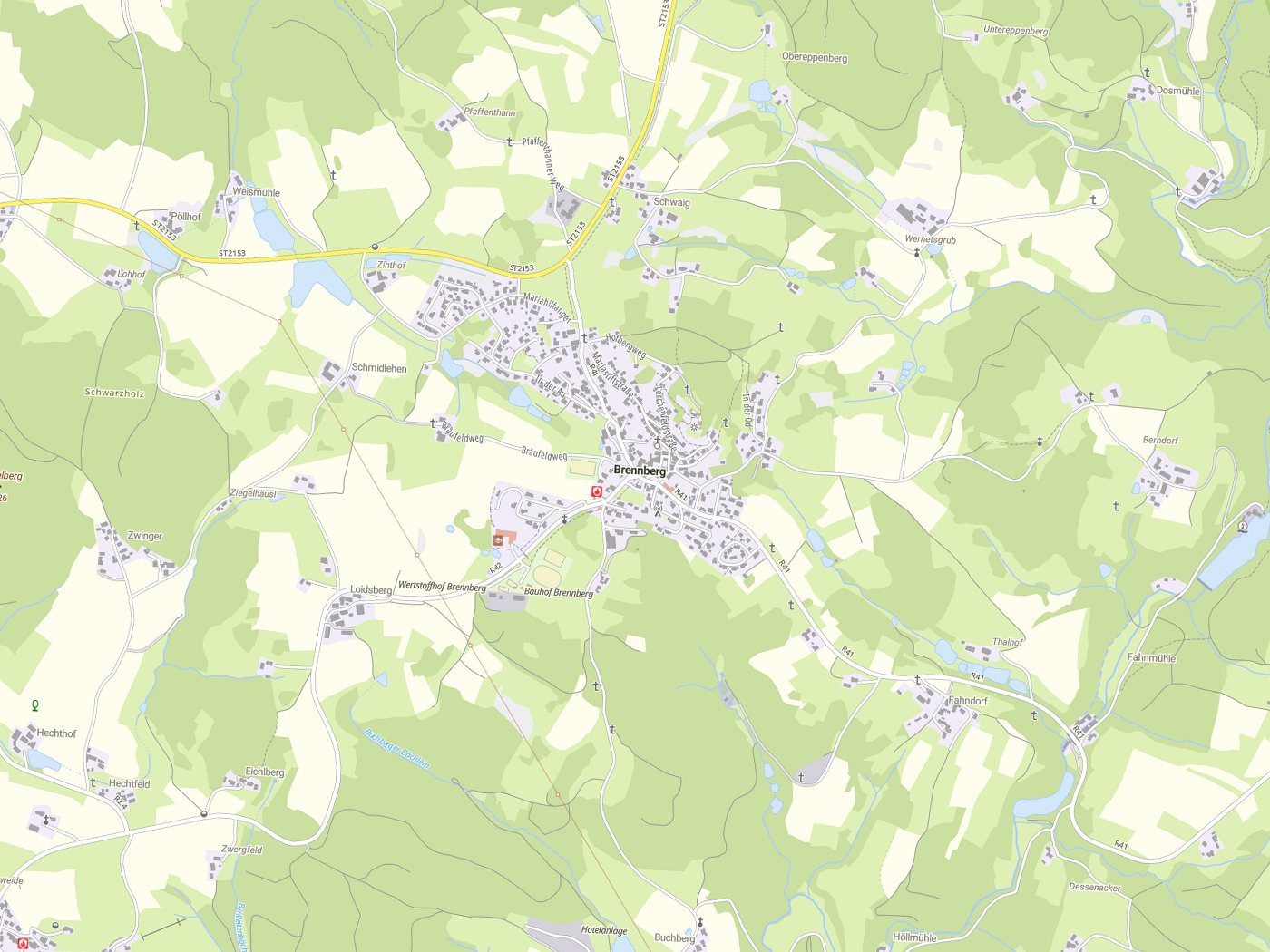 Kartenausschnitt Brennberg mit Gewässern