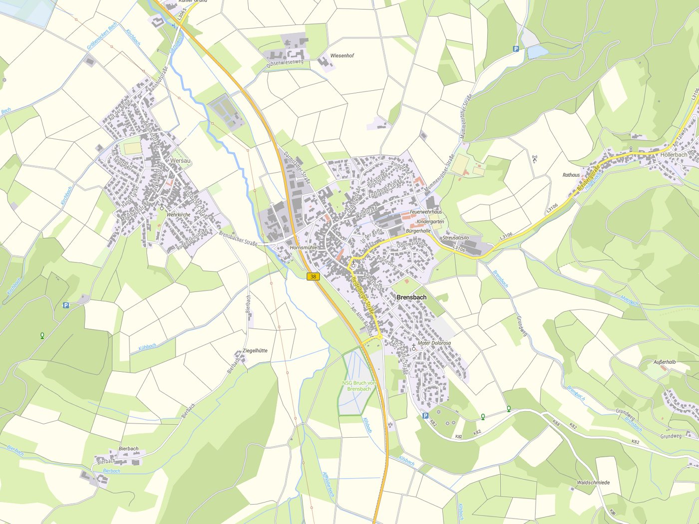 Kartenausschnitt Brensbach mit Gewässern