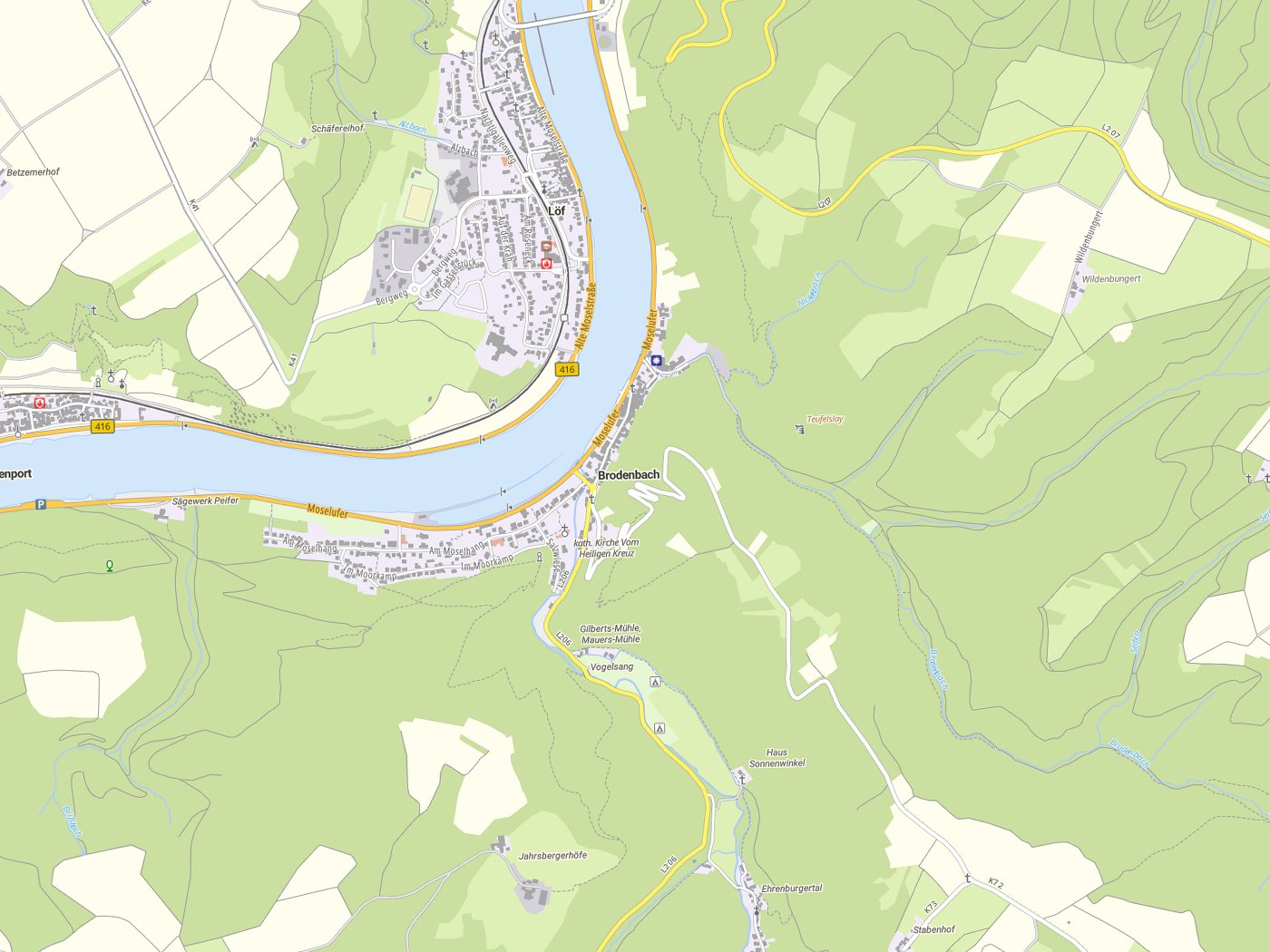 Kartenausschnitt Brodenbach mit Gewässern