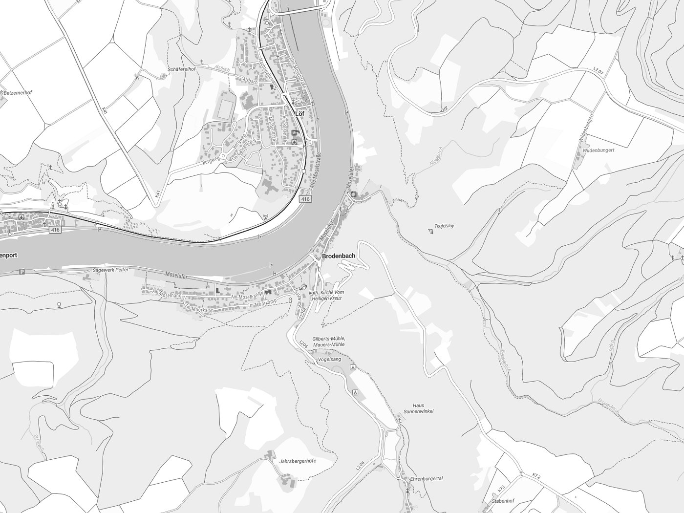 Kartenausschnitt Brodenbach mit Gewässern