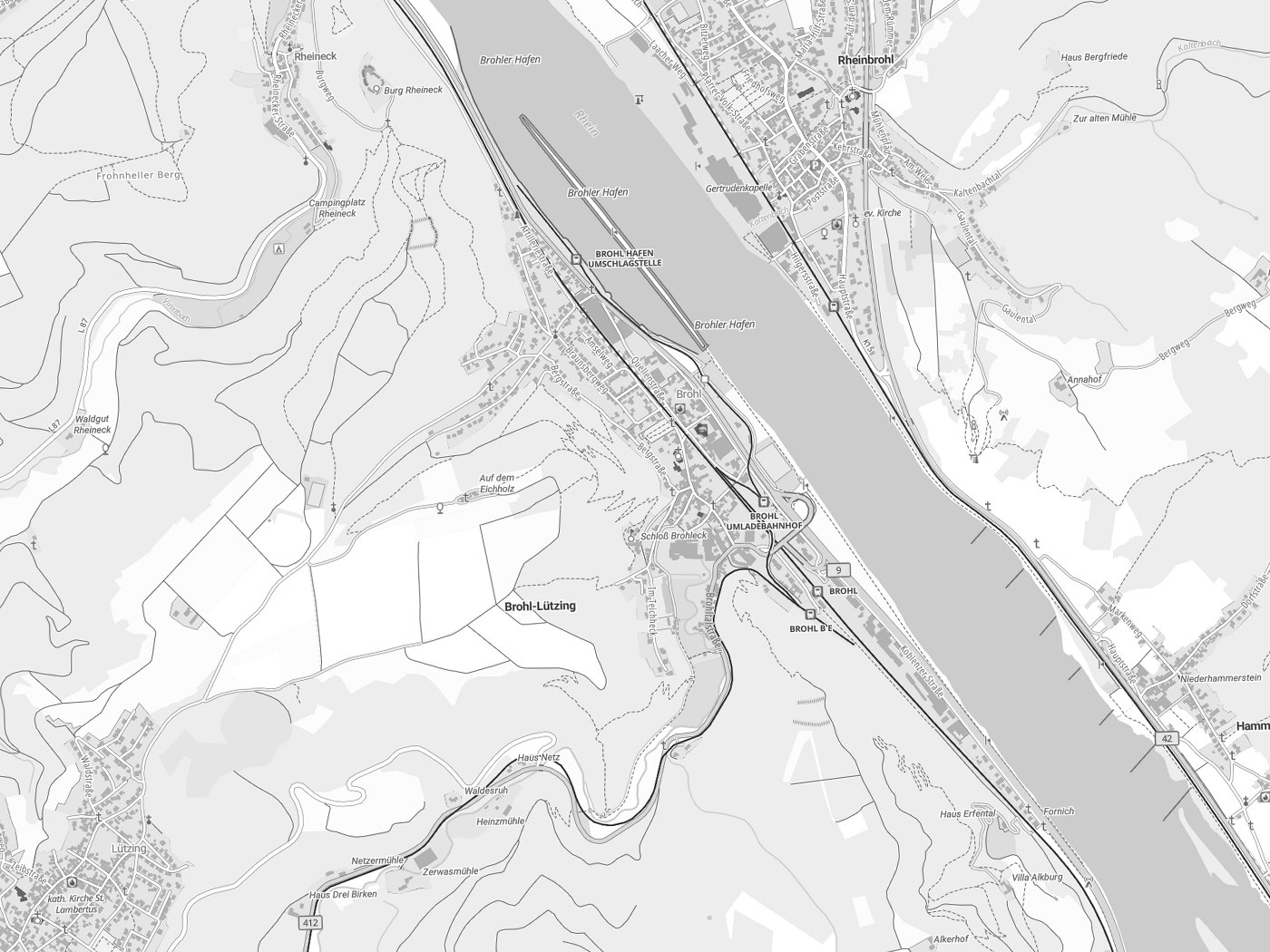 Kartenausschnitt Brohl-Lützing mit Gewässern