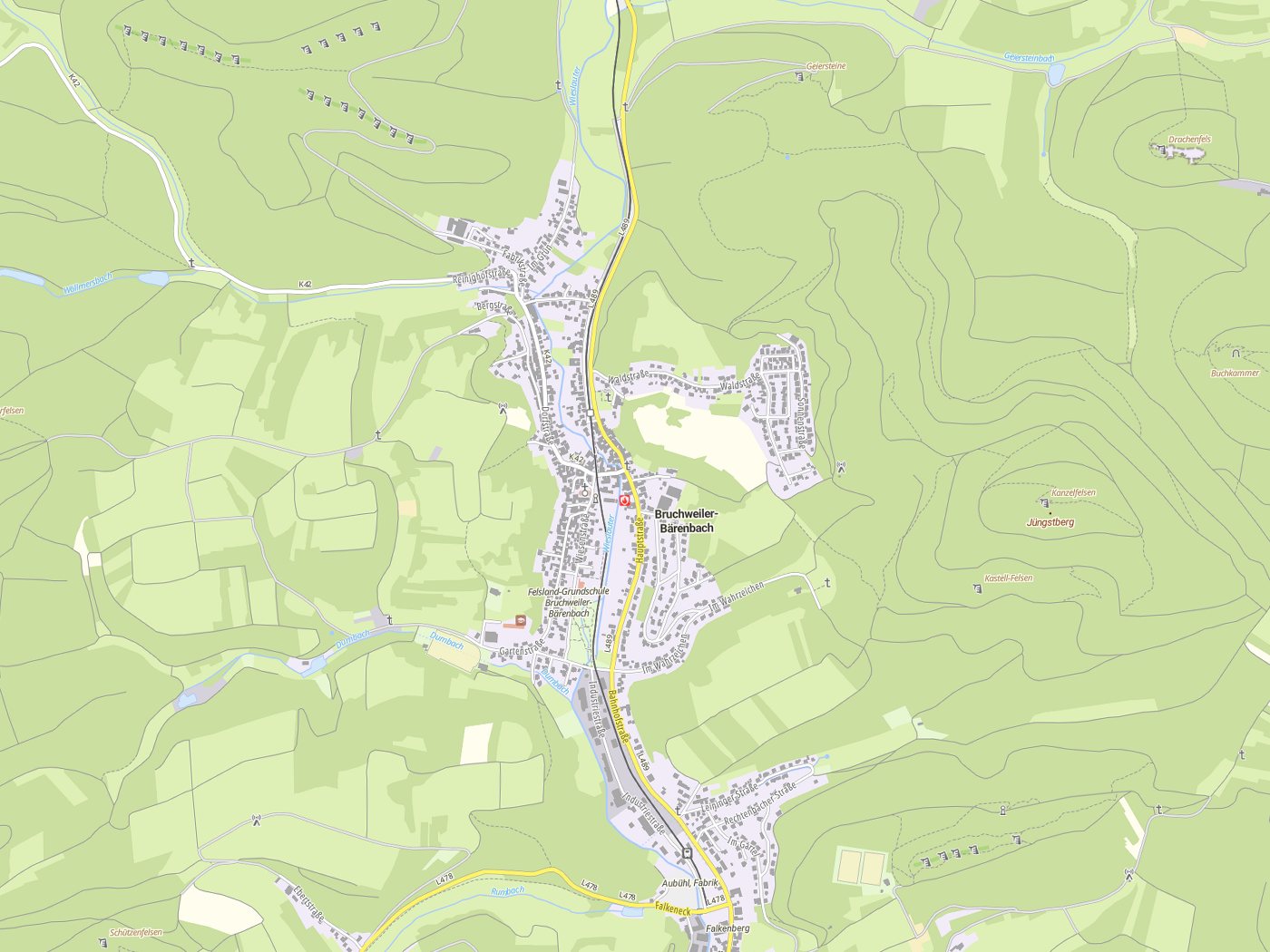 Kartenausschnitt Bruchweiler-Bärenbach mit Gewässern