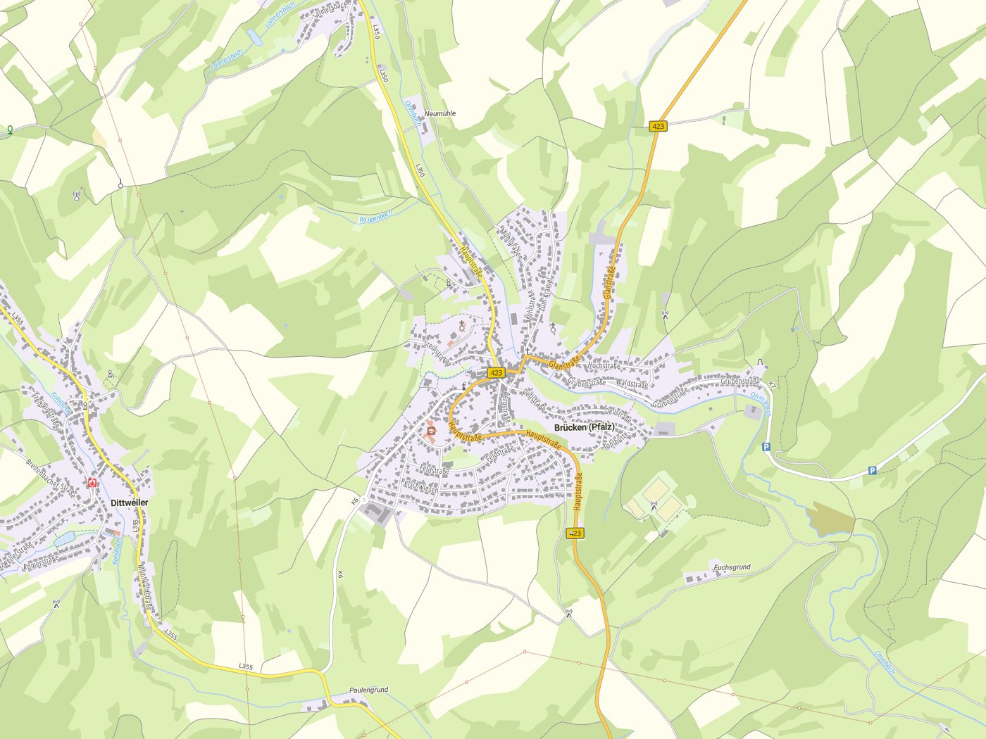 Kartenausschnitt Brücken (Pfalz) mit Gewässern
