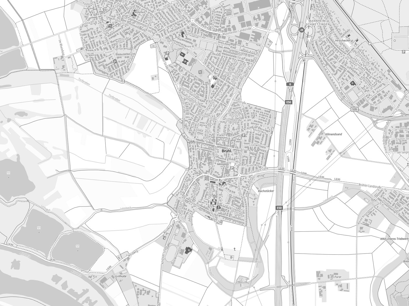 Kartenausschnitt Brühl mit Gewässern