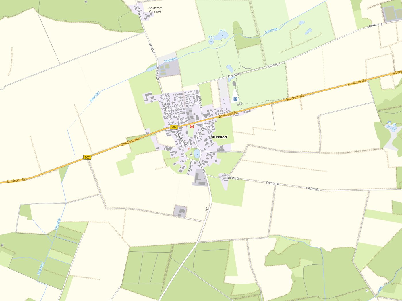 Kartenausschnitt Brunstorf mit Gewässern