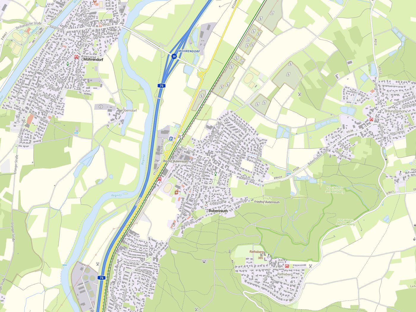 Kartenausschnitt Bubenreuth mit Gewässern