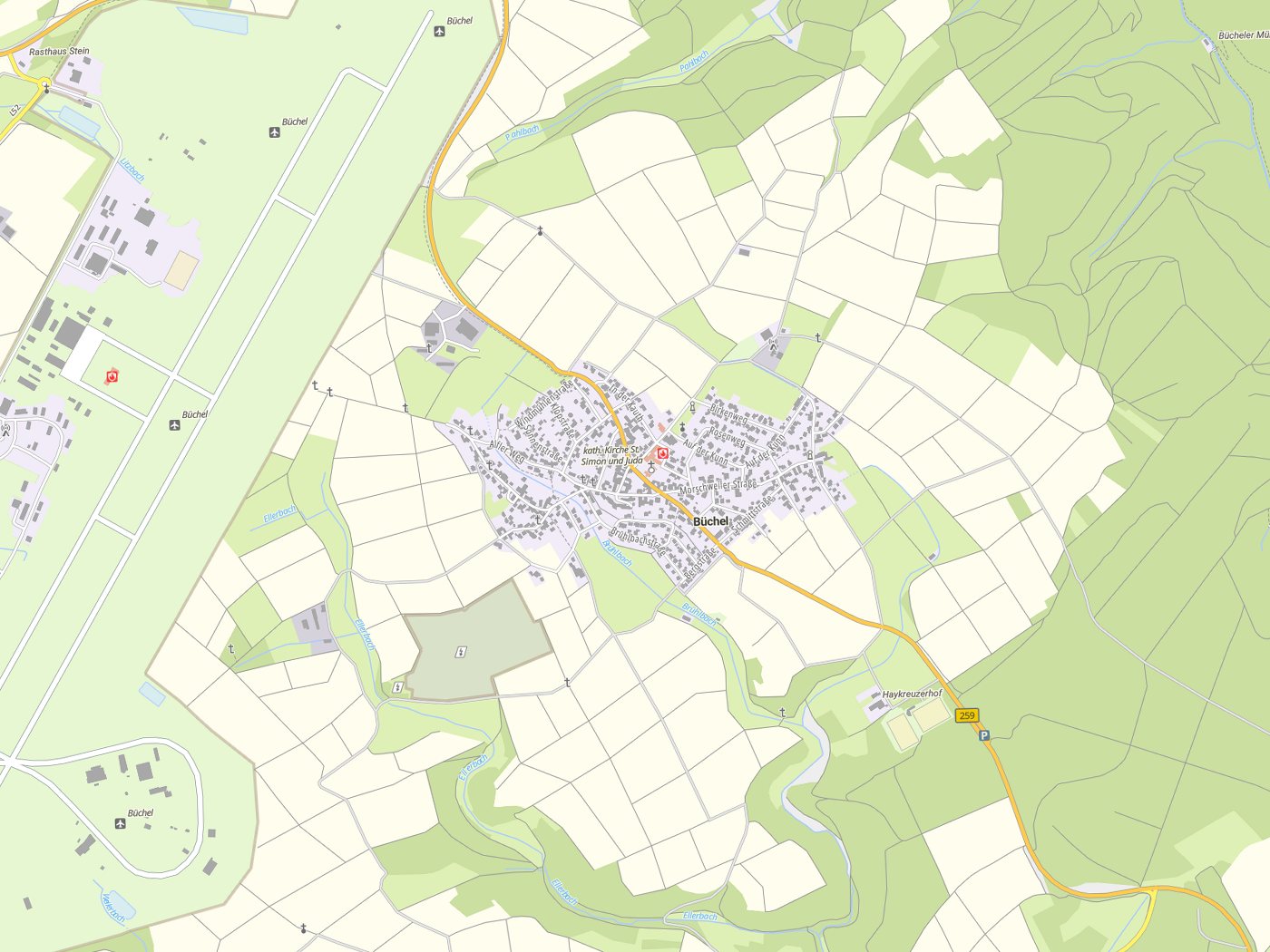 Kartenausschnitt Büchel mit Gewässern
