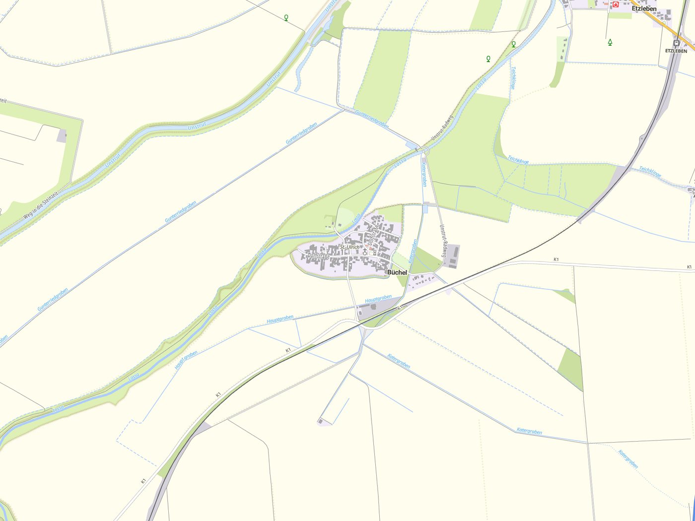 Kartenausschnitt Büchel mit Gewässern