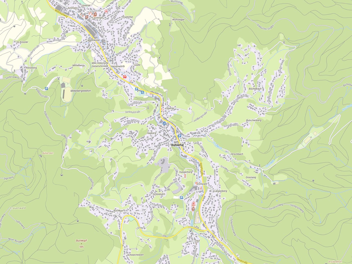 Kartenausschnitt Bühlertal mit Gewässern