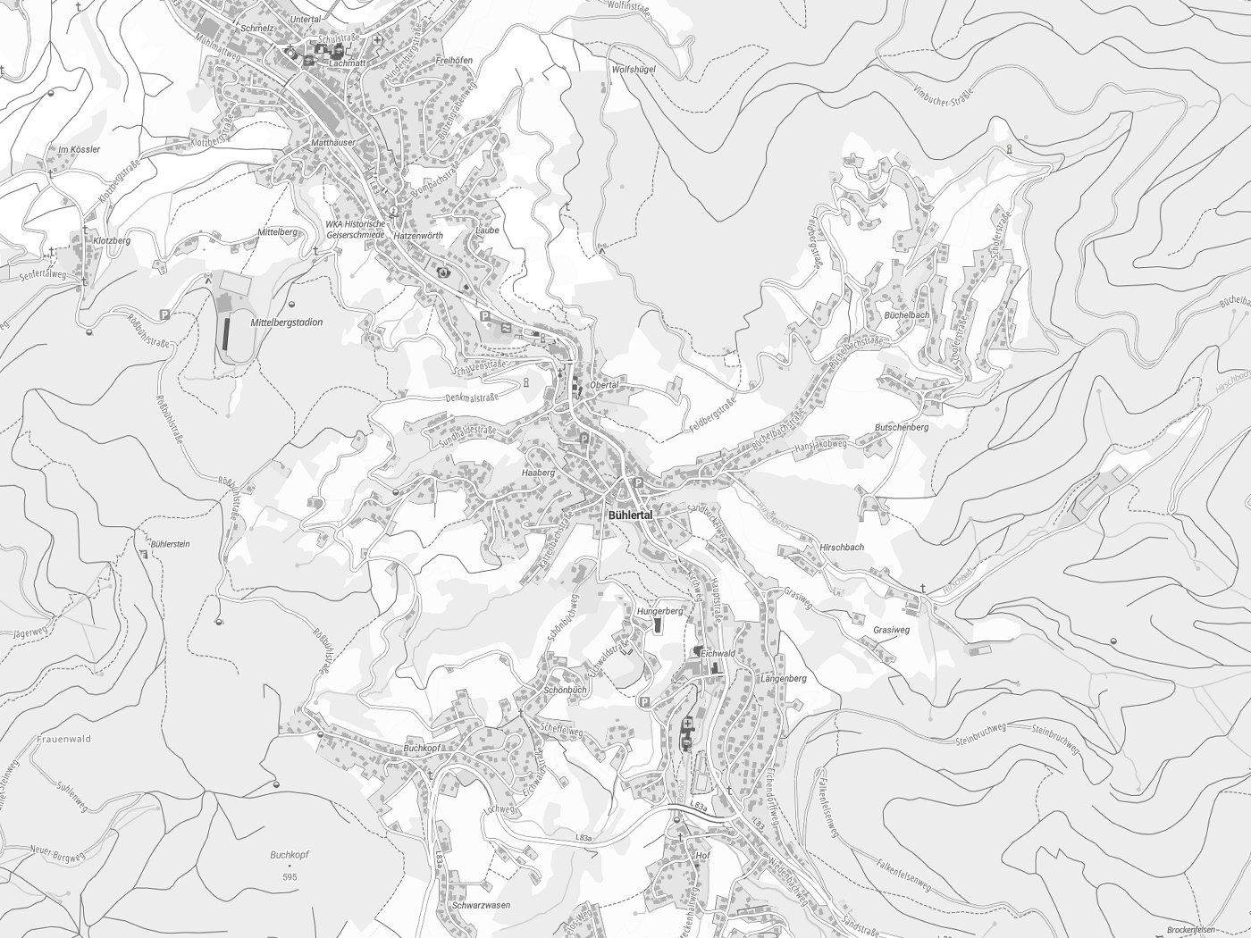 Kartenausschnitt Bühlertal mit Gewässern
