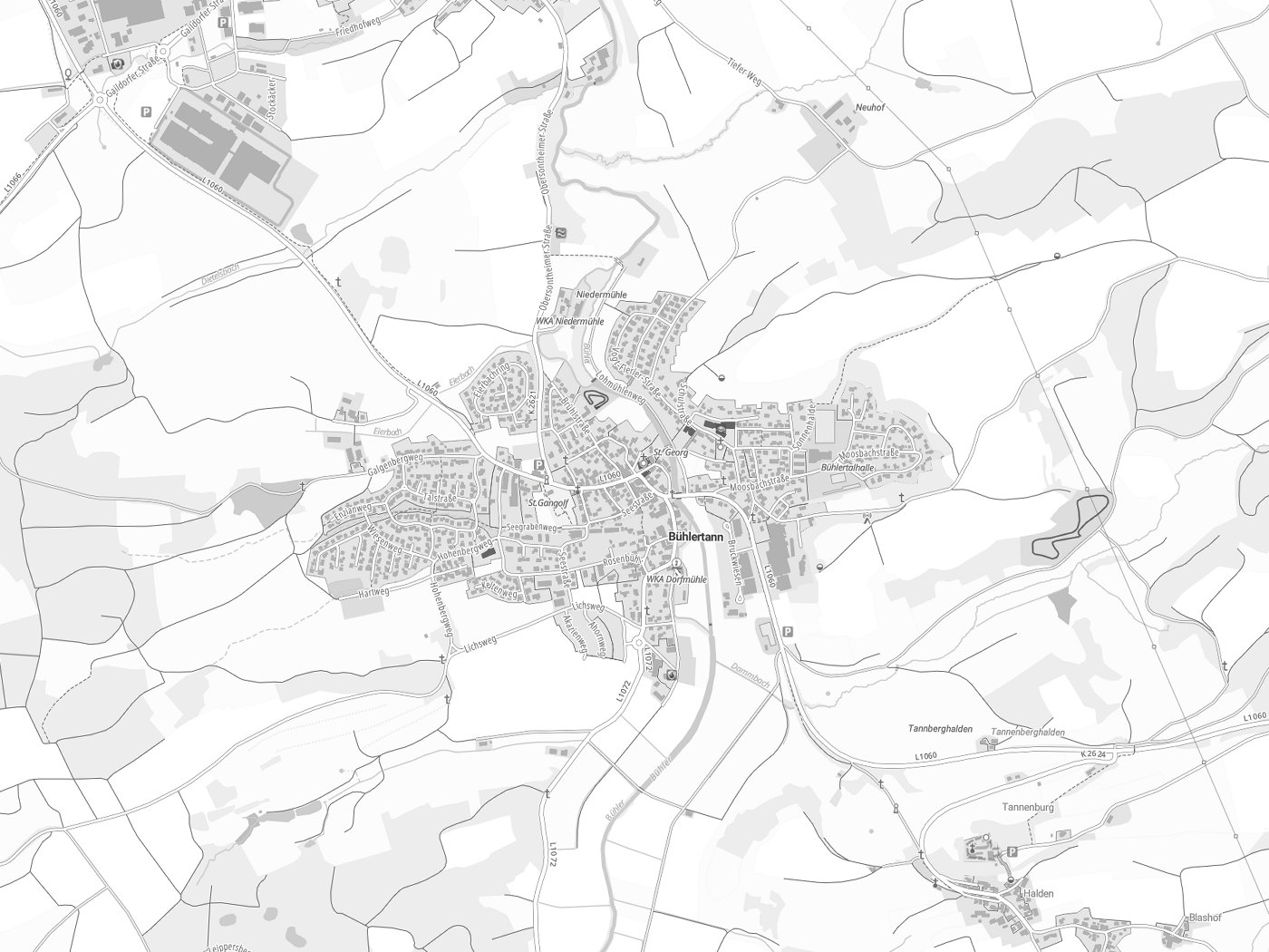 Kartenausschnitt Bühlertann mit Gewässern