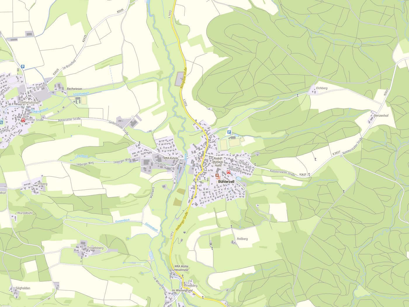 Kartenausschnitt Bühlerzell mit Gewässern