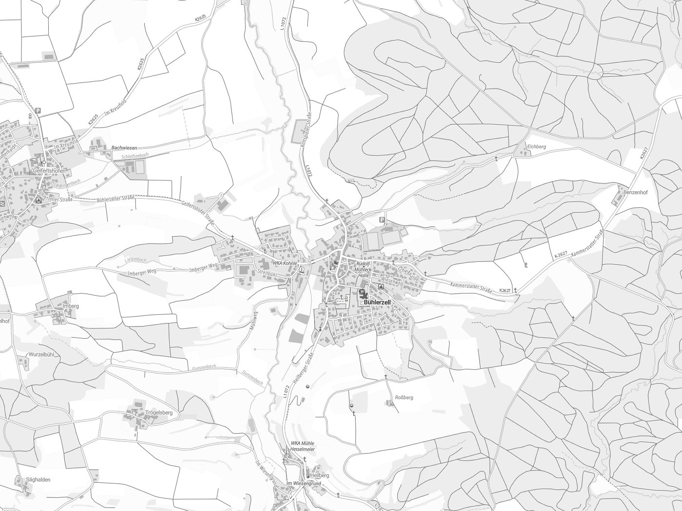 Kartenausschnitt Bühlerzell mit Gewässern