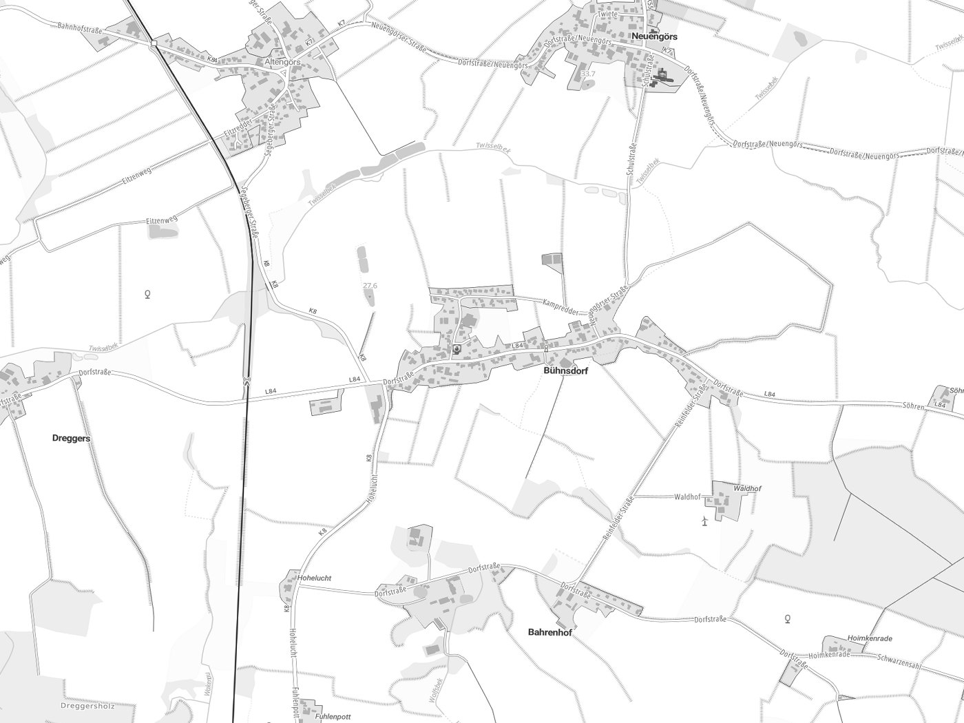 Kartenausschnitt Bühnsdorf mit Gewässern