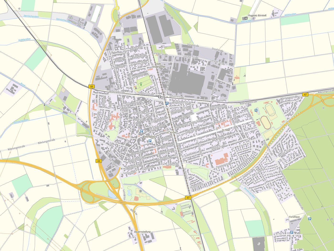 Kartenausschnitt Bürstadt mit Gewässern