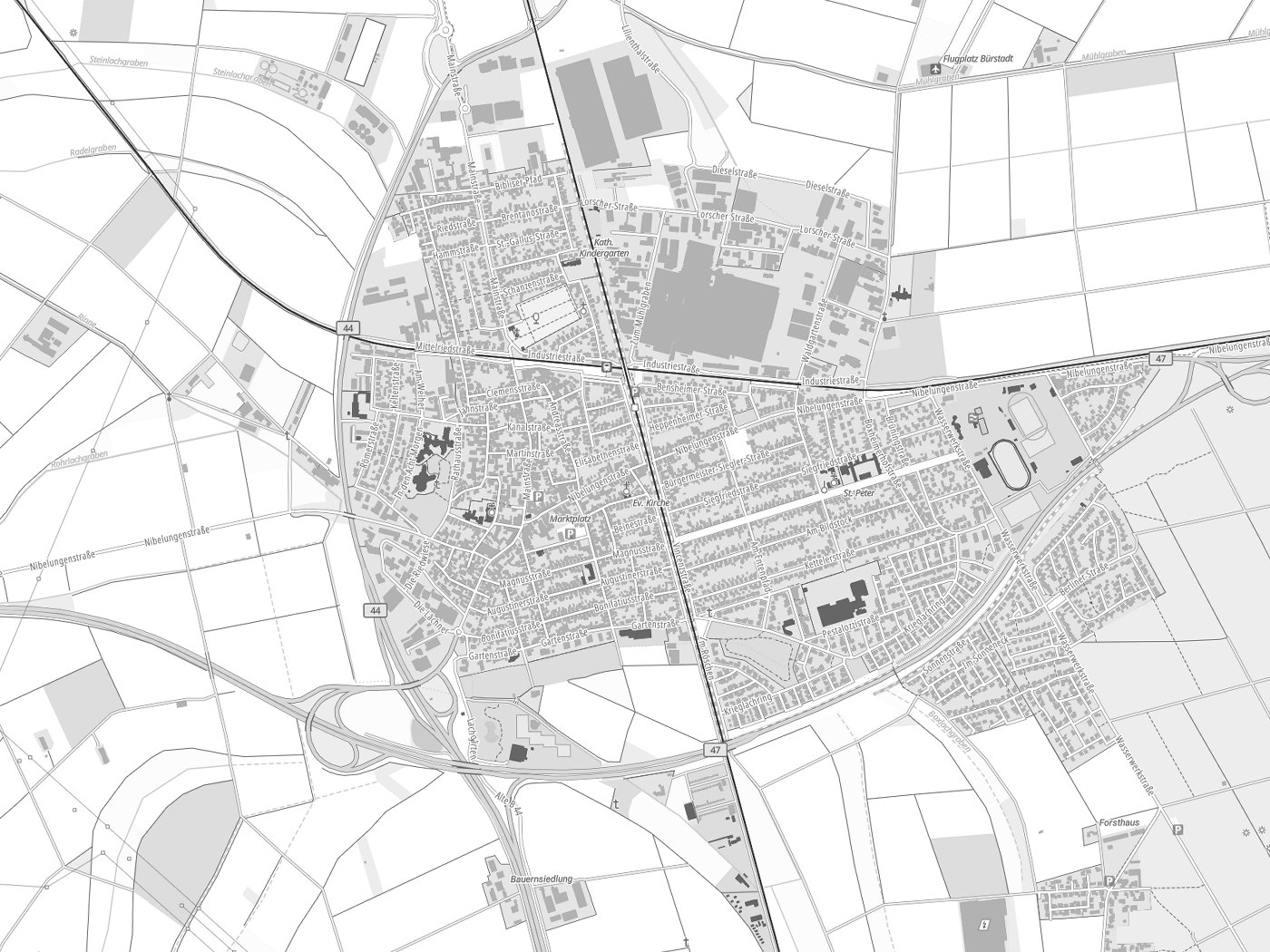 Kartenausschnitt Bürstadt mit Gewässern