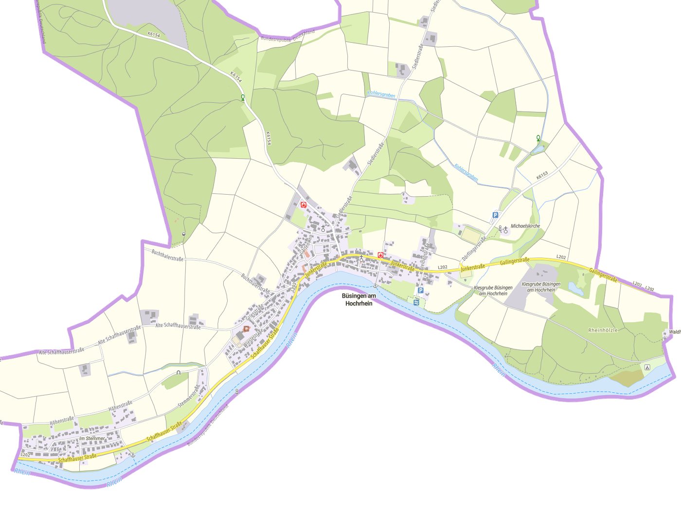 Kartenausschnitt Büsingen am Hochrhein mit Gewässern