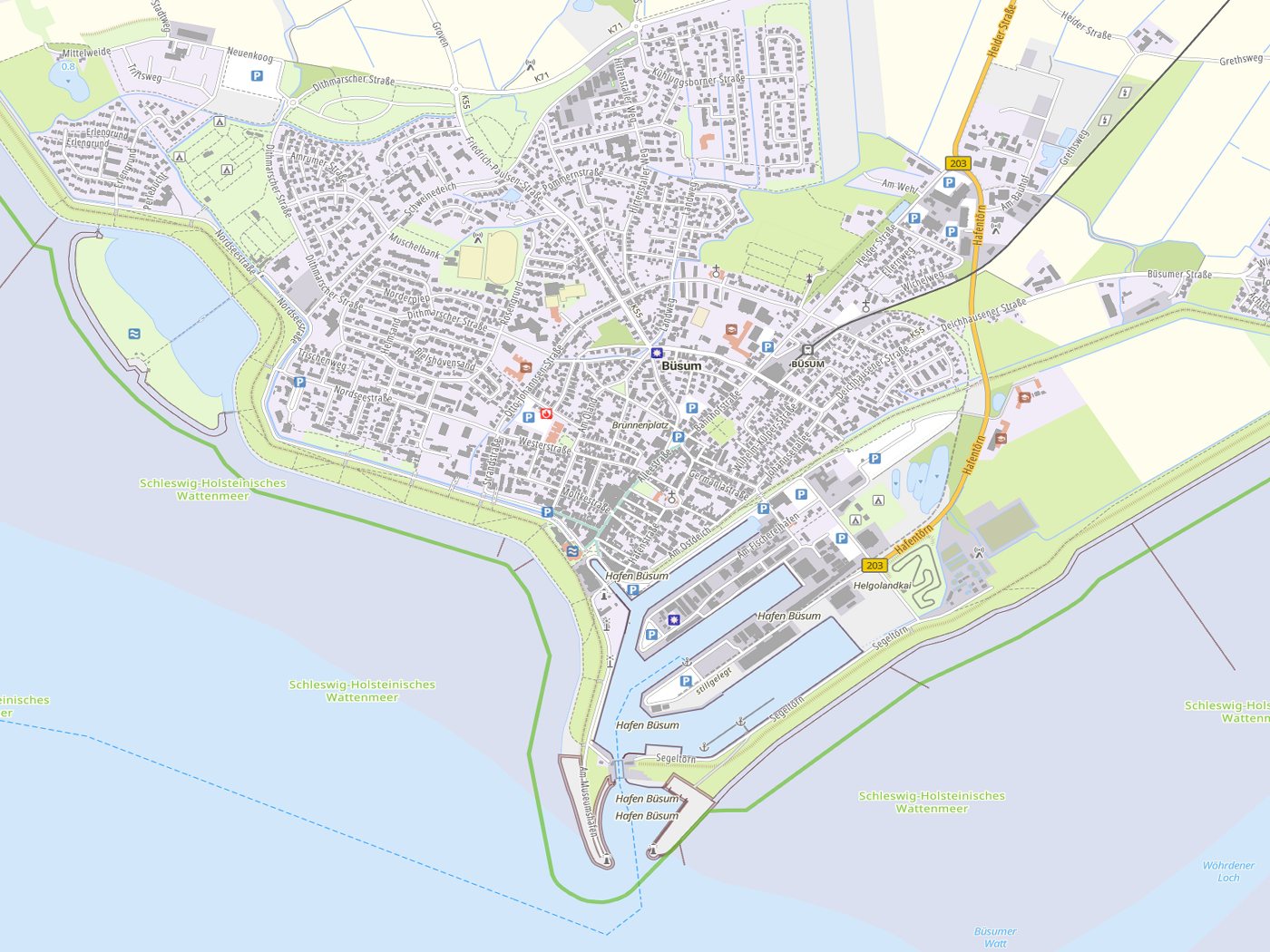 Kartenausschnitt Büsum mit Gewässern