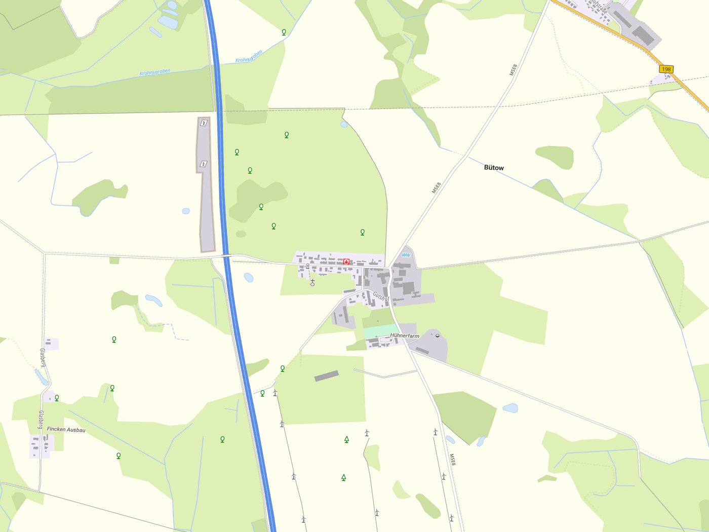 Kartenausschnitt Bütow mit Gewässern