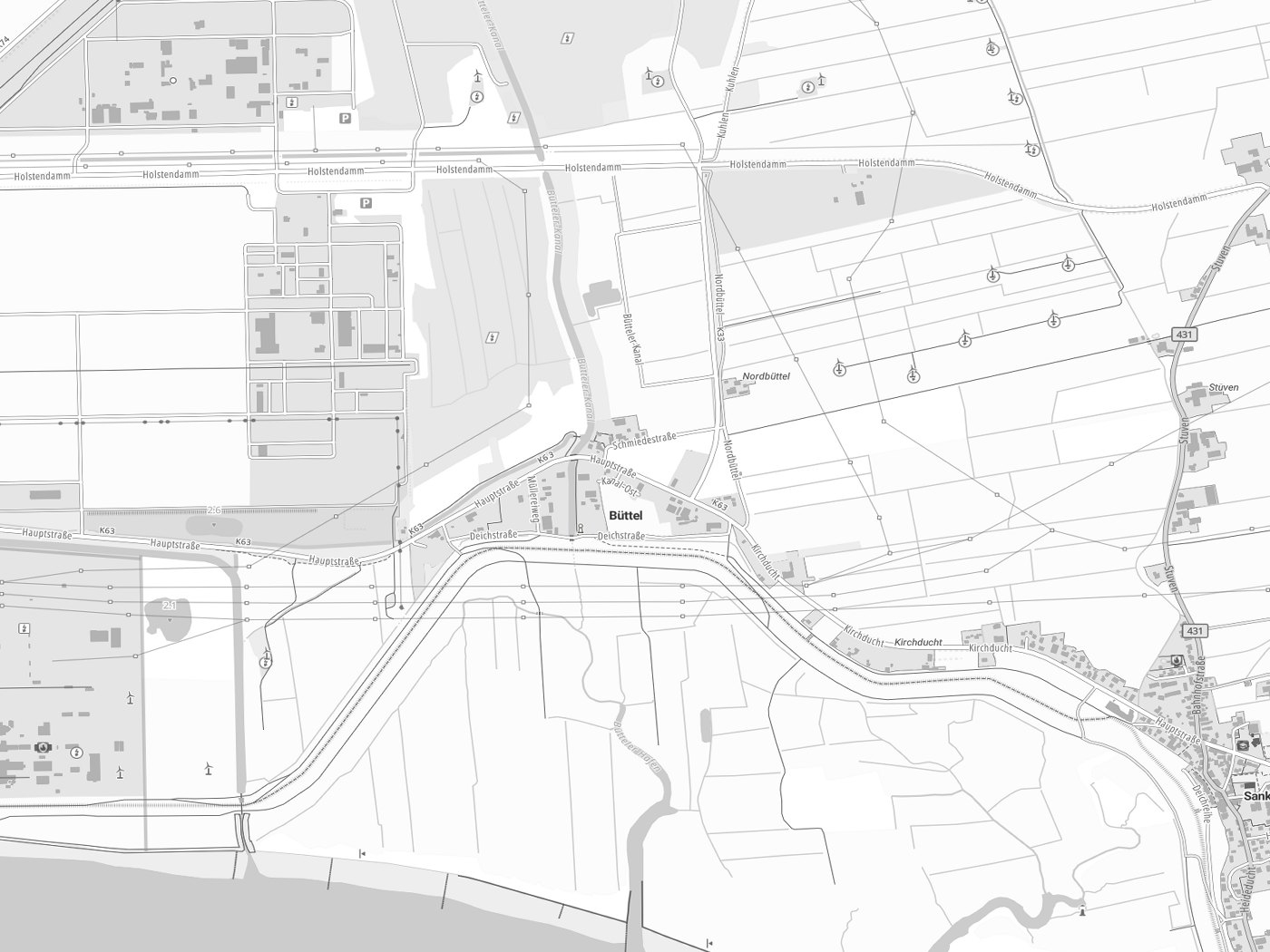 Kartenausschnitt Büttel mit Gewässern