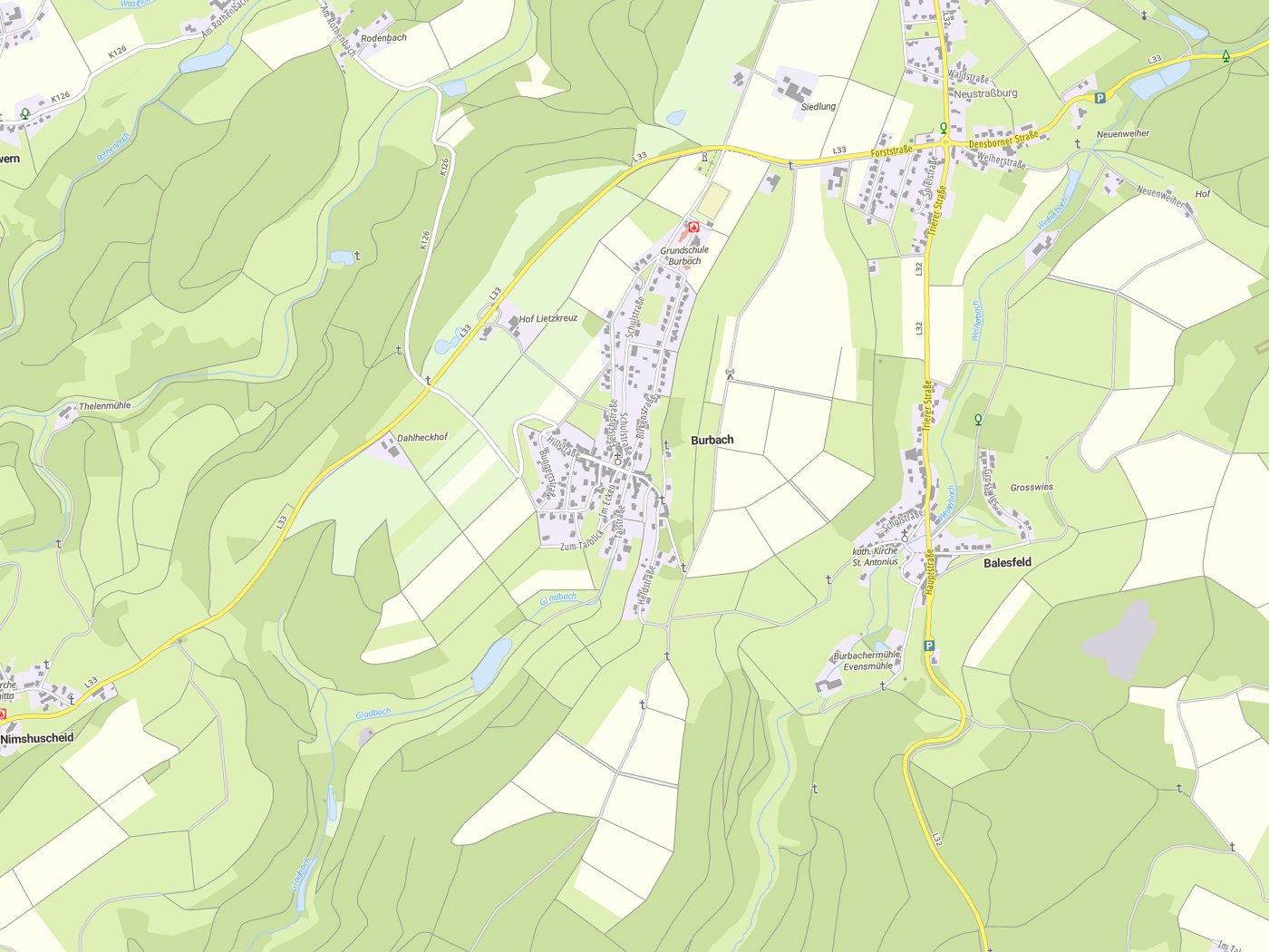 Kartenausschnitt Burbach mit Gewässern