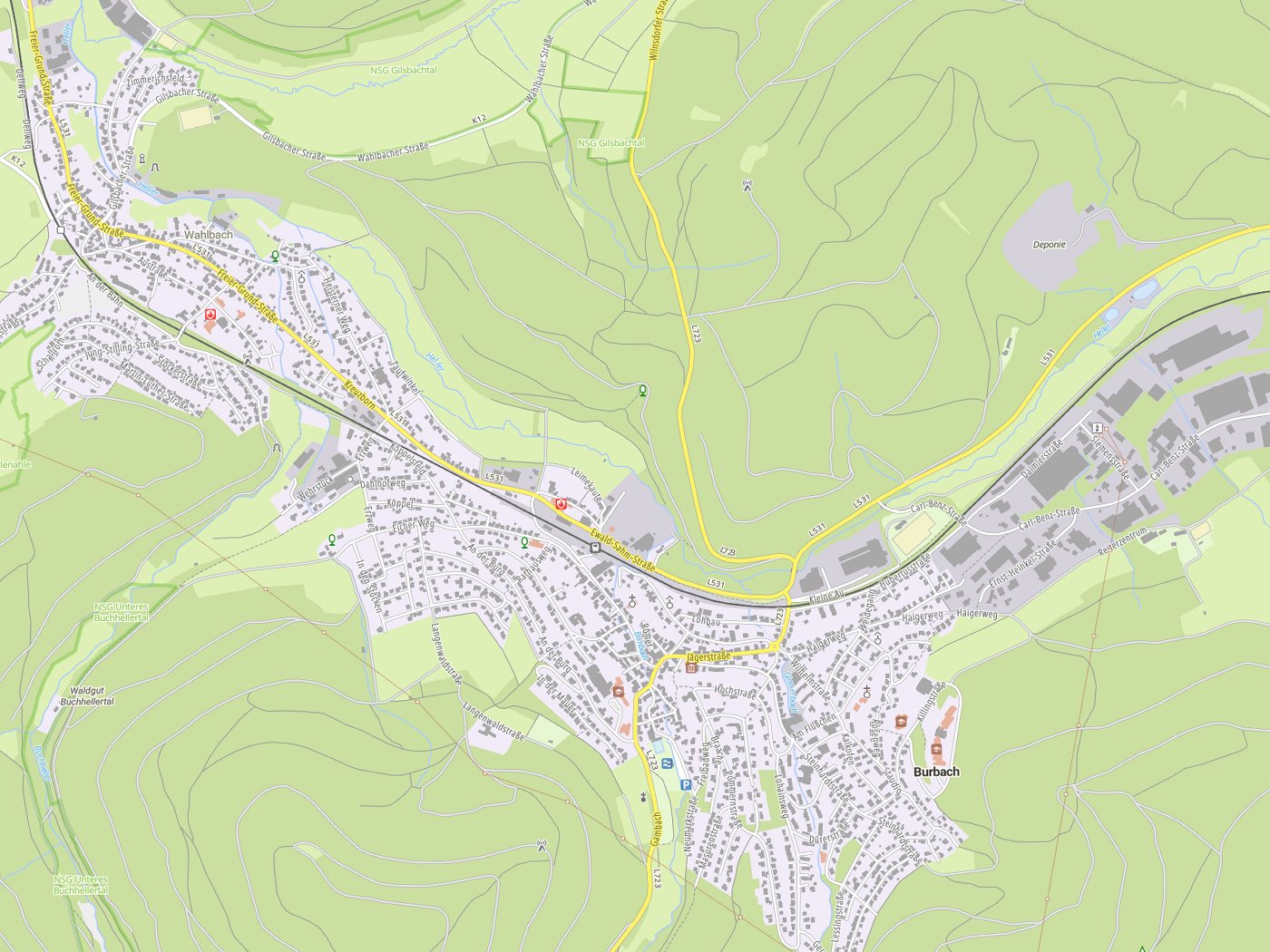 Kartenausschnitt Burbach mit Gewässern