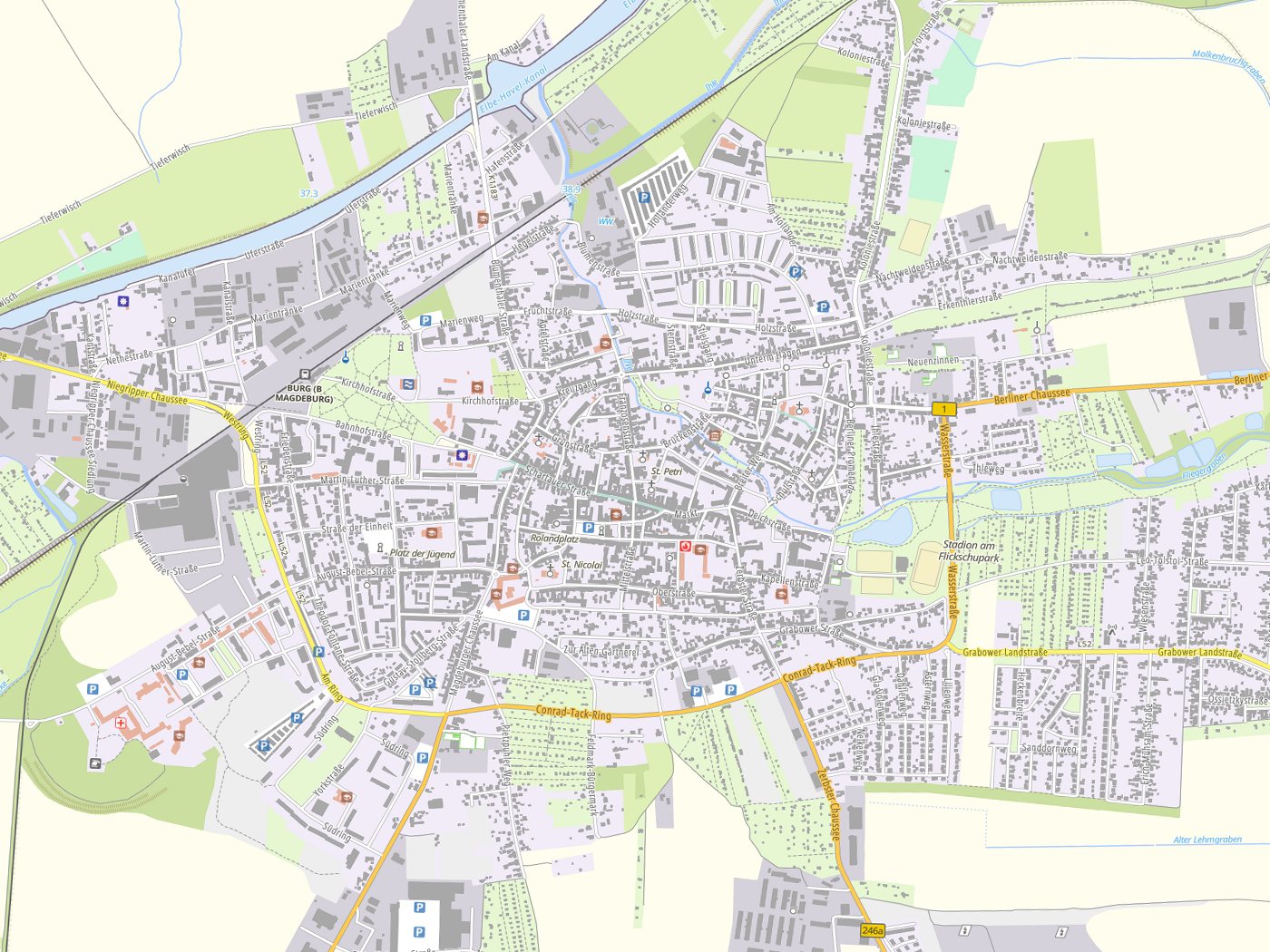 Kartenausschnitt Burg bei Magdeburg mit Gewässern