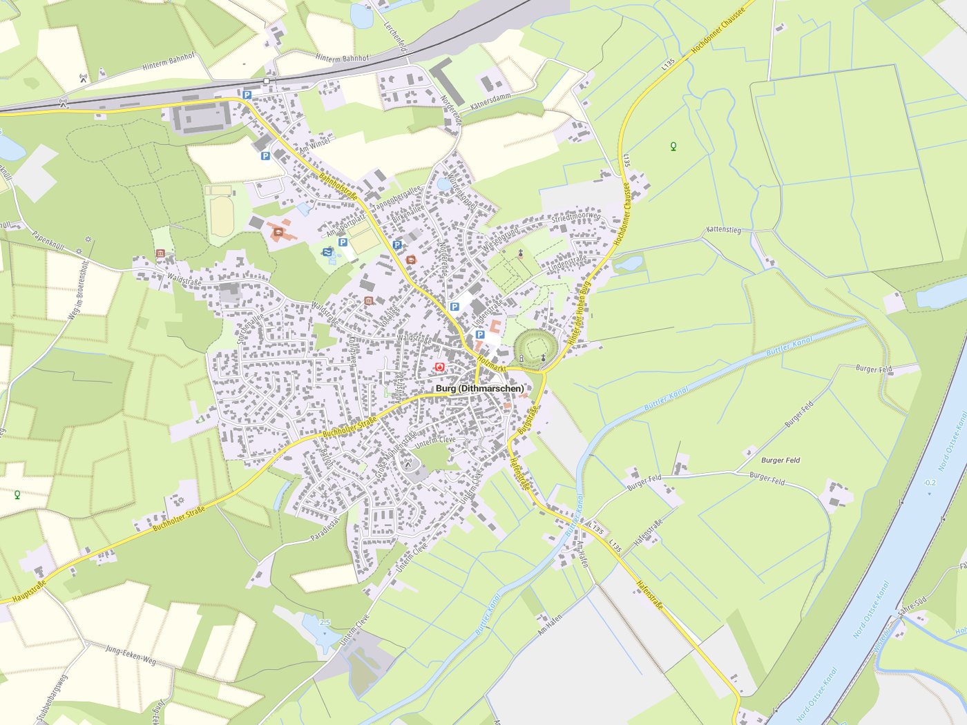 Kartenausschnitt Burg (Dithmarschen) mit Gewässern