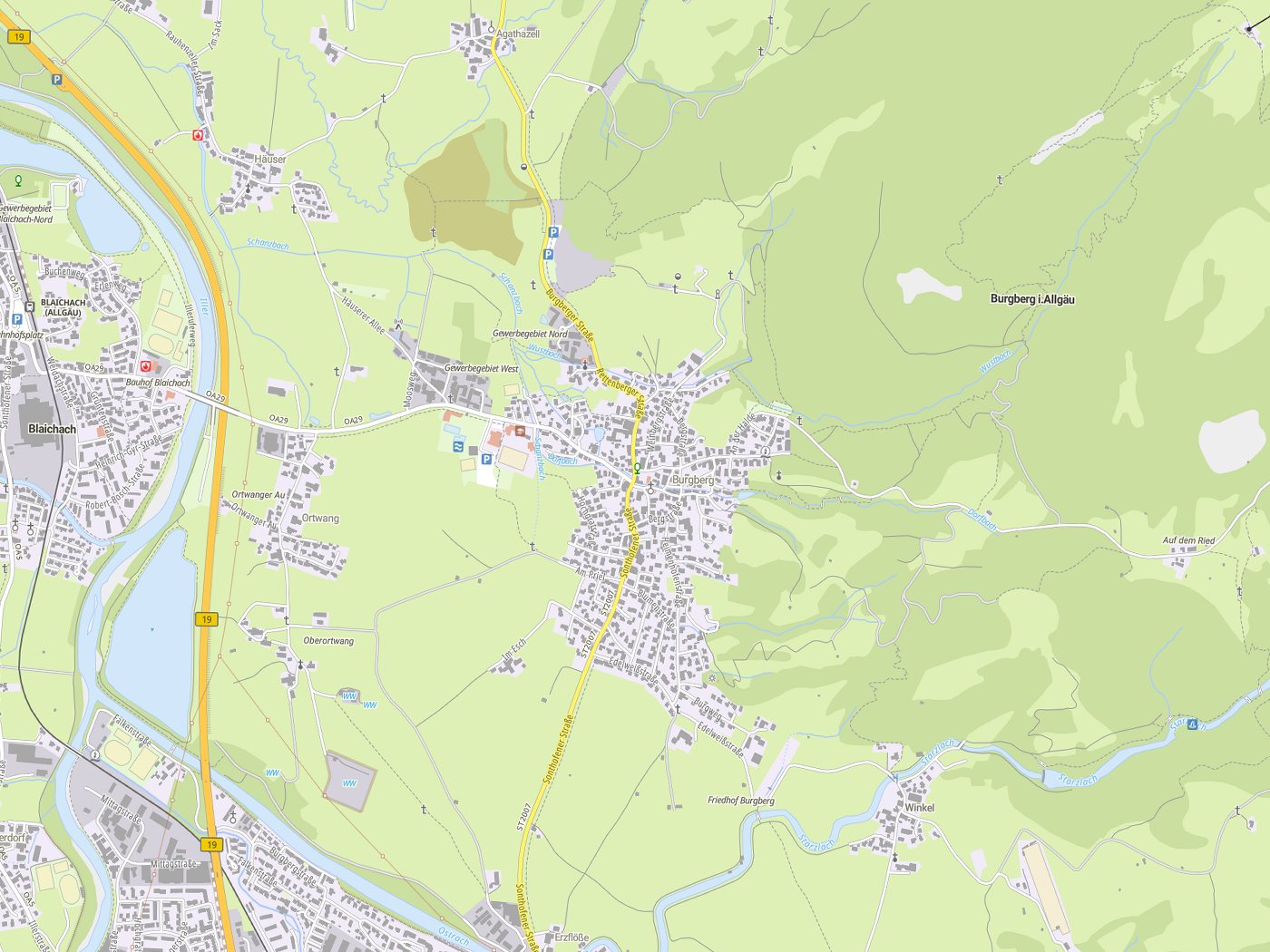 Kartenausschnitt Burgberg i.Allgäu mit Gewässern