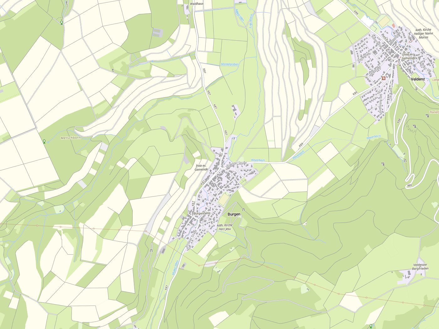 Kartenausschnitt Burgen mit Gewässern