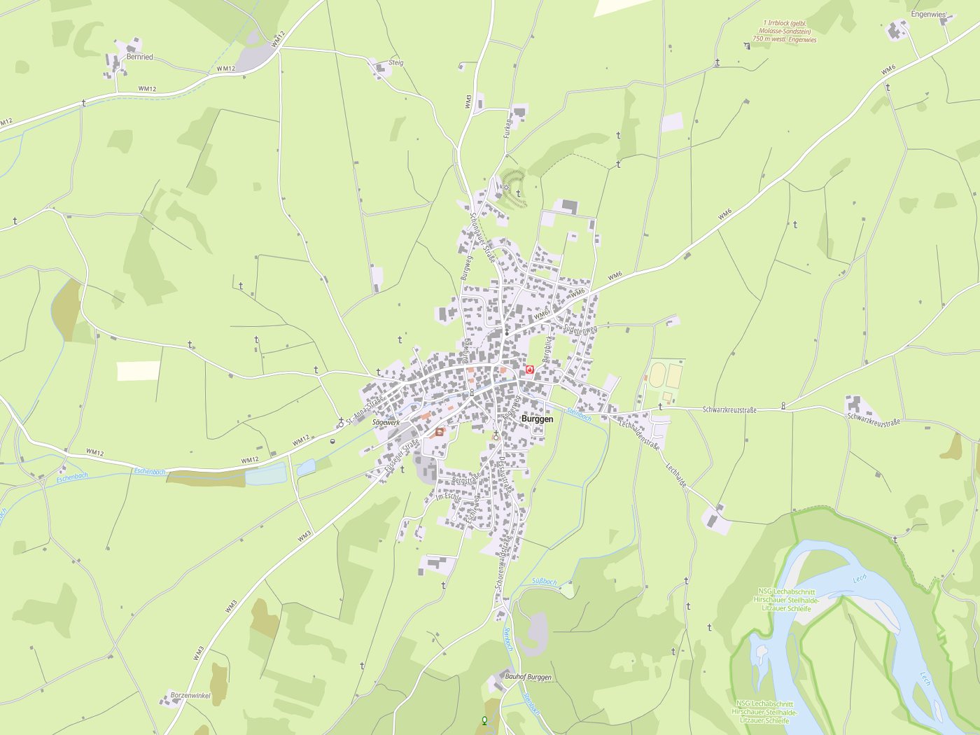 Kartenausschnitt Burggen mit Gewässern