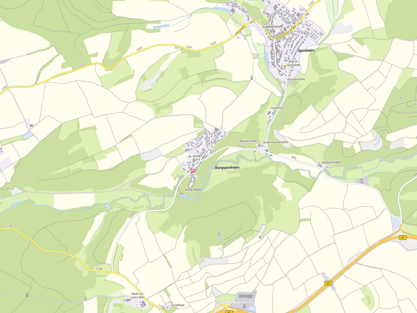 Kartenausschnitt Burgsponheim mit Gewässern