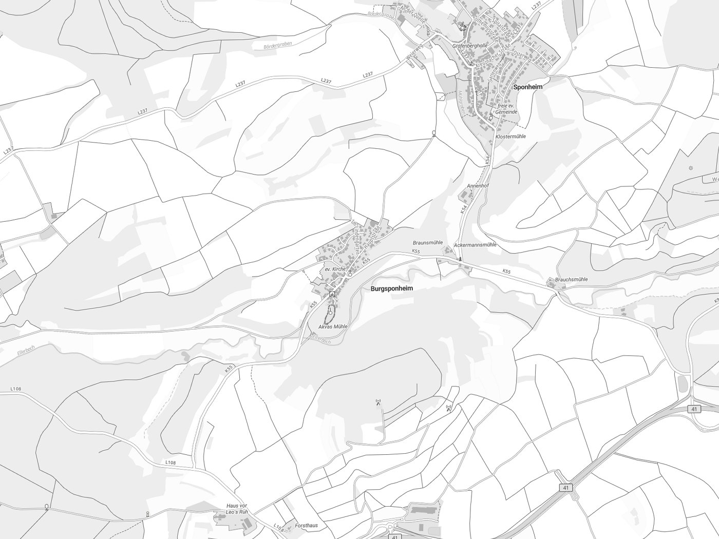Kartenausschnitt Burgsponheim mit Gewässern