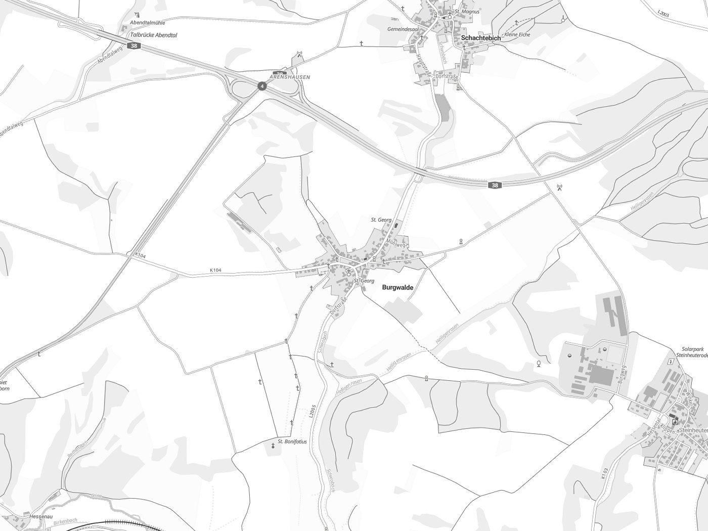 Kartenausschnitt Burgwalde mit Gewässern