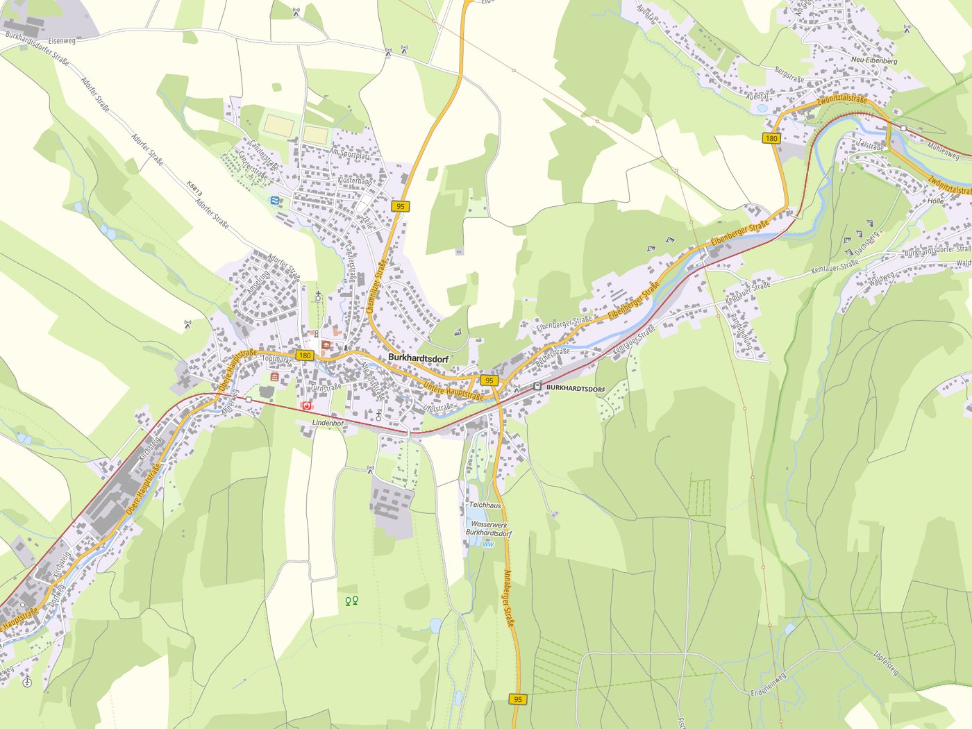 Kartenausschnitt Burkhardtsdorf mit Gewässern