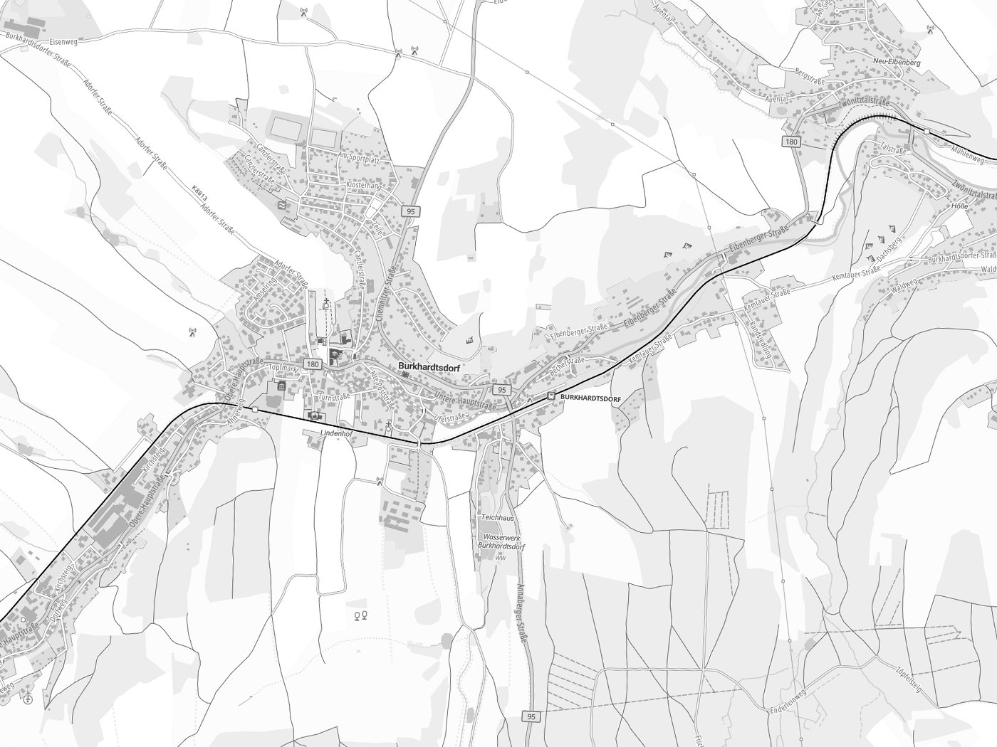 Kartenausschnitt Burkhardtsdorf mit Gewässern