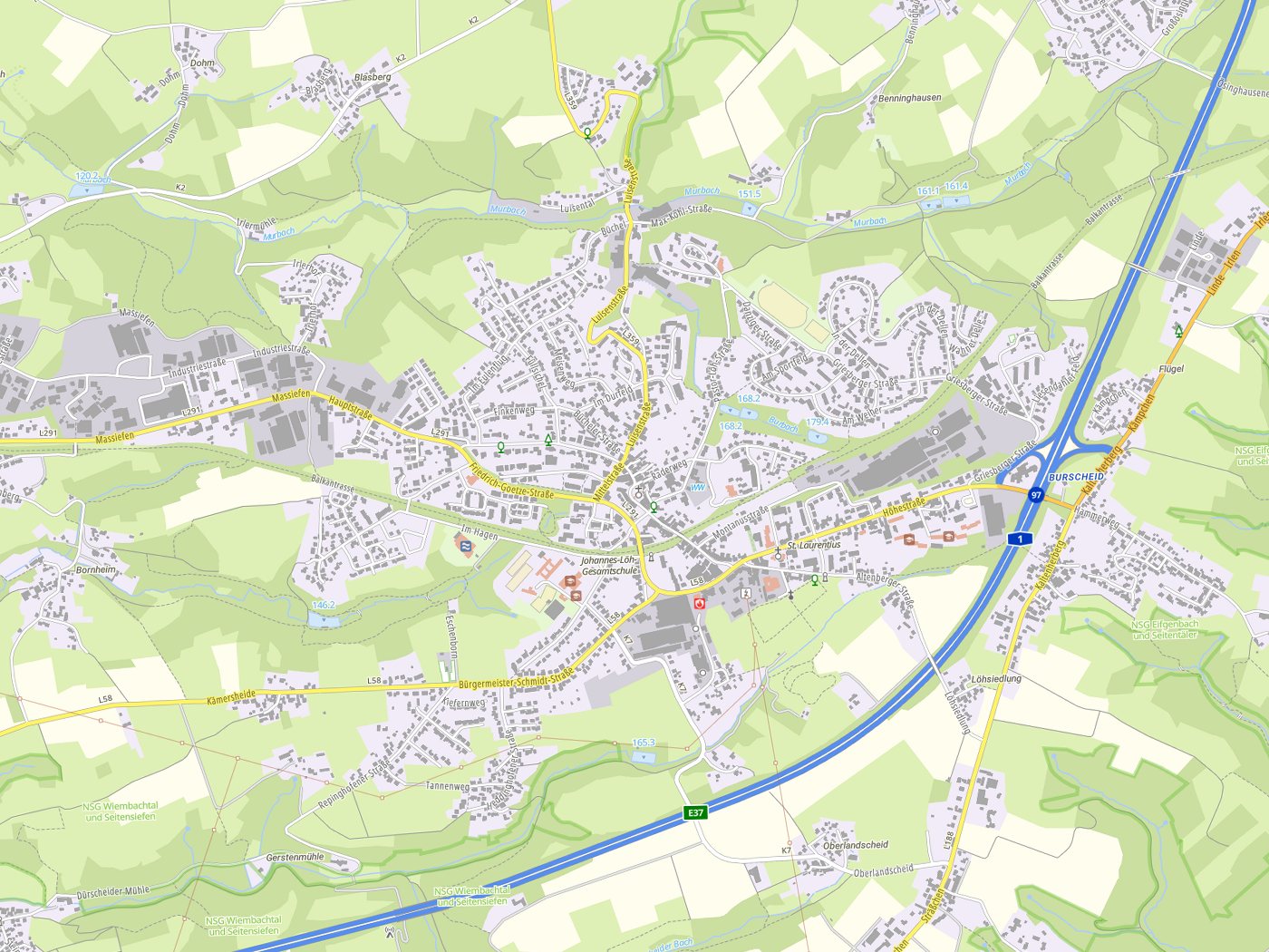 Kartenausschnitt Burscheid mit Gewässern
