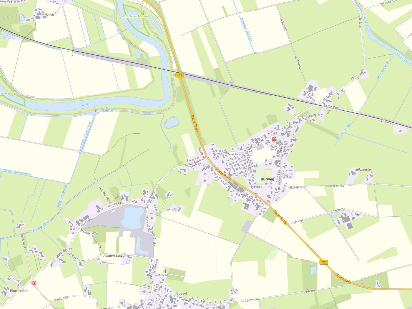 Kartenausschnitt Burweg mit Gewässern