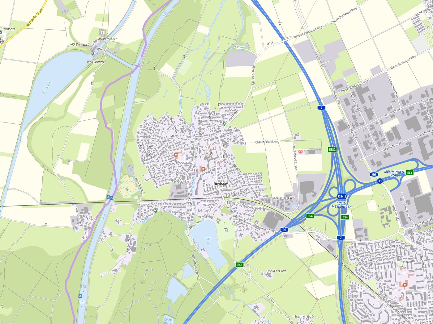 Kartenausschnitt Buxheim mit Gewässern