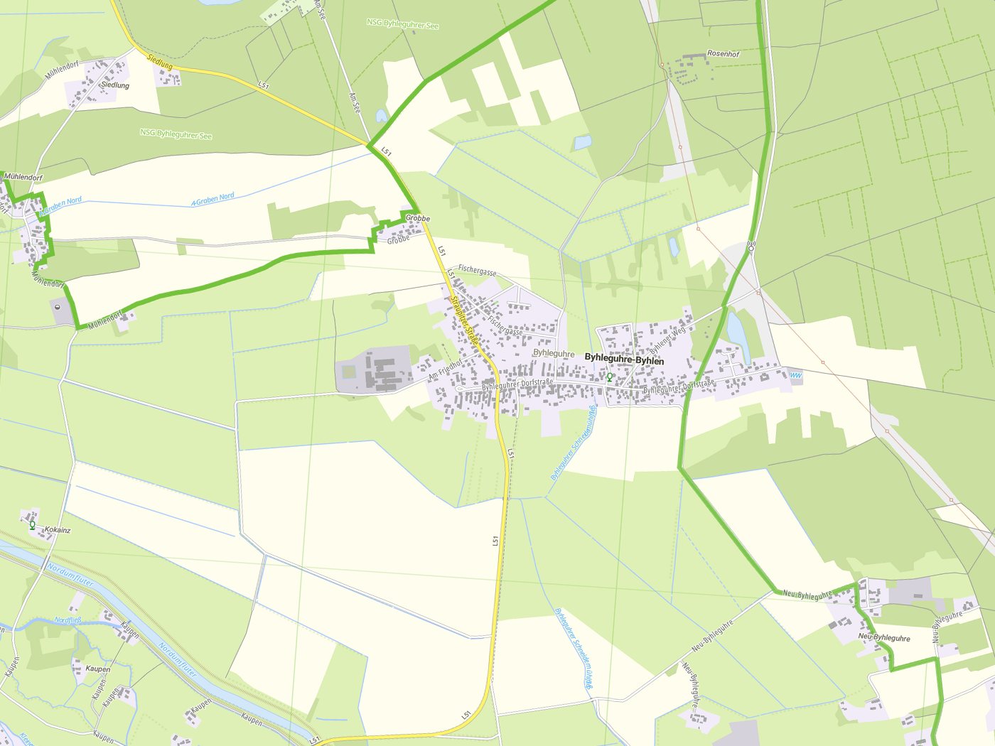 Kartenausschnitt Byhleguhre-Byhlen/Beła Góra-Bělin mit Gewässern
