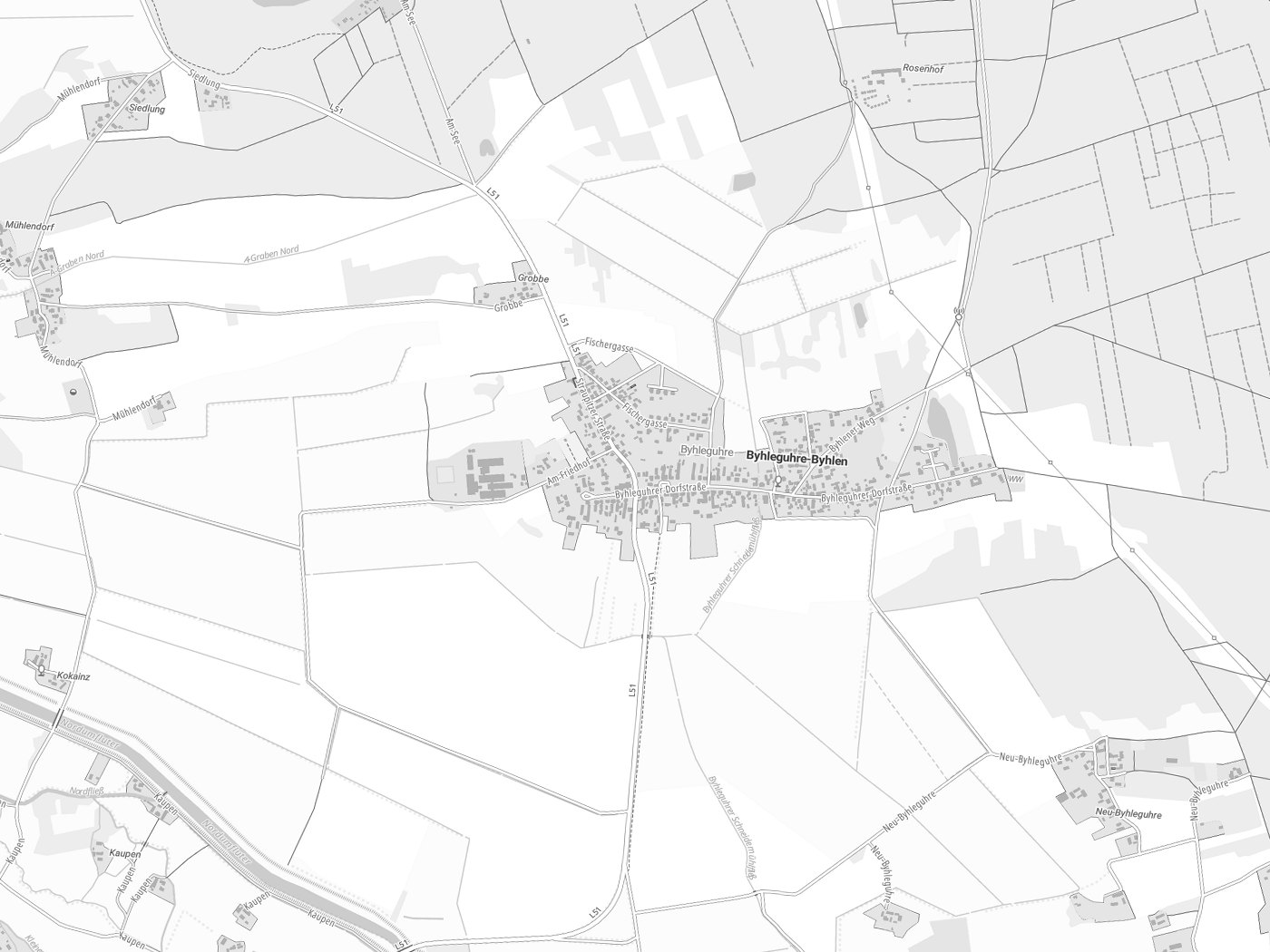 Kartenausschnitt Byhleguhre-Byhlen/Beła Góra-Bělin mit Gewässern