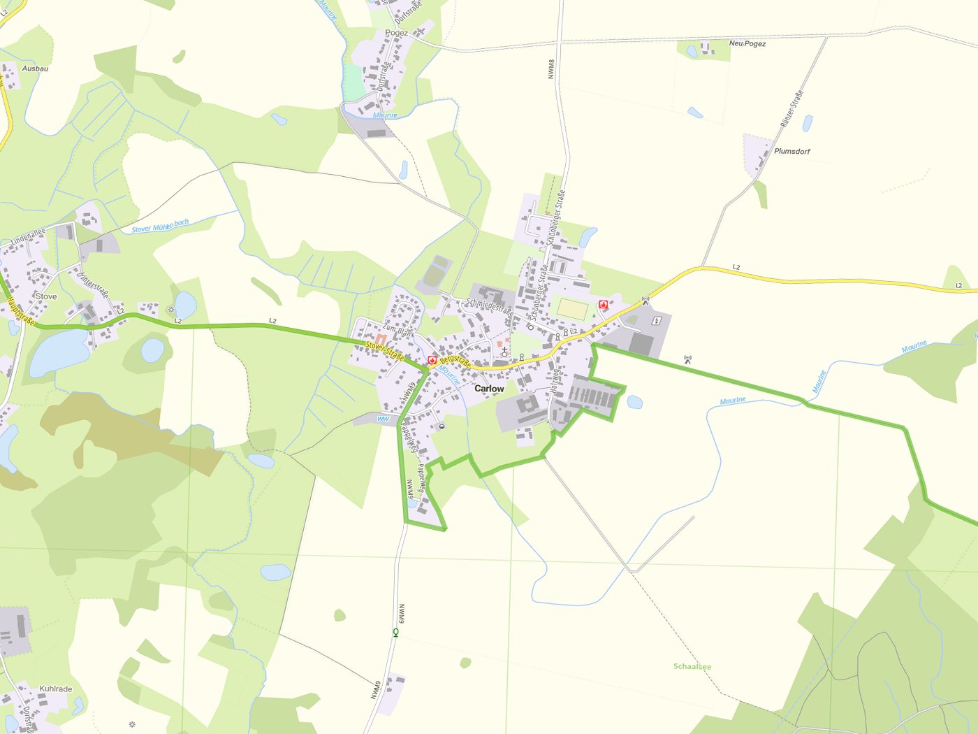 Kartenausschnitt Carlow mit Gewässern