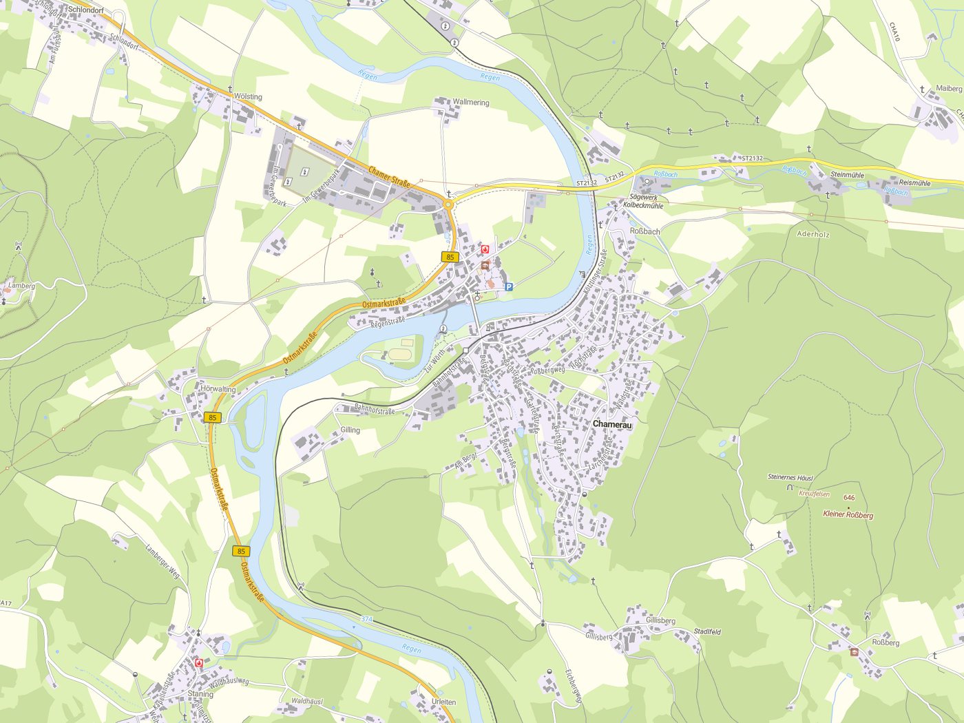 Kartenausschnitt Chamerau mit Gewässern