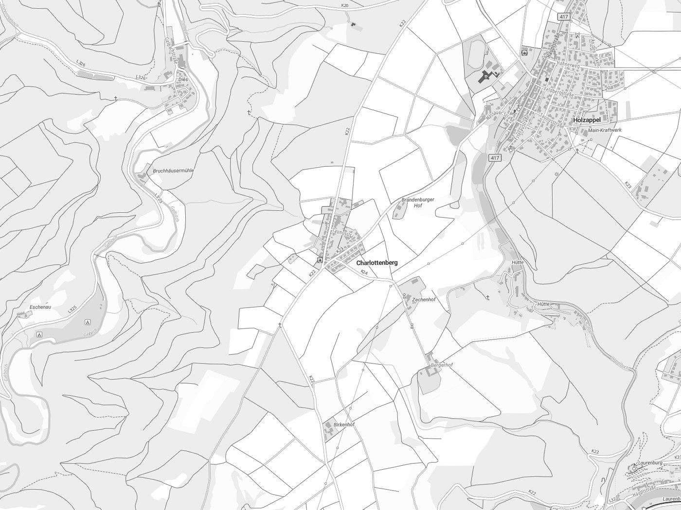 Kartenausschnitt Charlottenberg mit Gewässern
