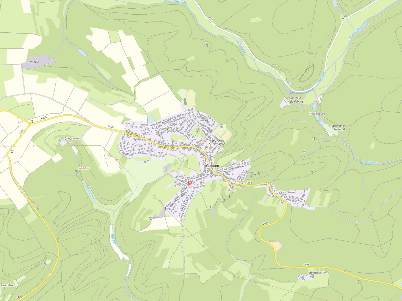 Kartenausschnitt Clausen mit Gewässern